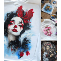 Девушка с медведем, розовые мухоморы, тигр с уточками. Даша Лисенкова Роспись по ткани