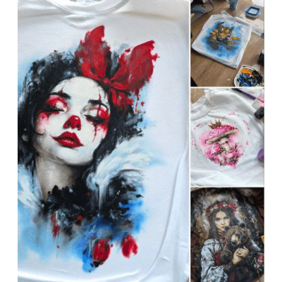 Девушка с медведем, розовые мухоморы, тигр с уточками. Даша Лисенкова Роспись по ткани