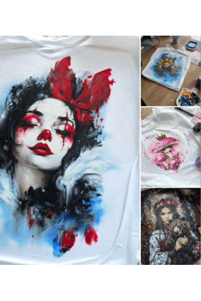 Девушка с медведем, розовые мухоморы, тигр с уточками. Даша Лисенкова Роспись по ткани