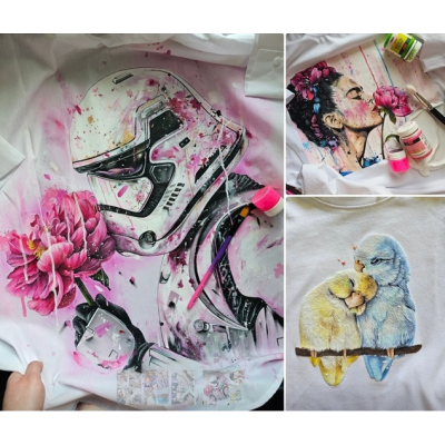 Роспись по ткани. Фрида + замшевые попугайчики + штурмовик. Даша Лисенкова