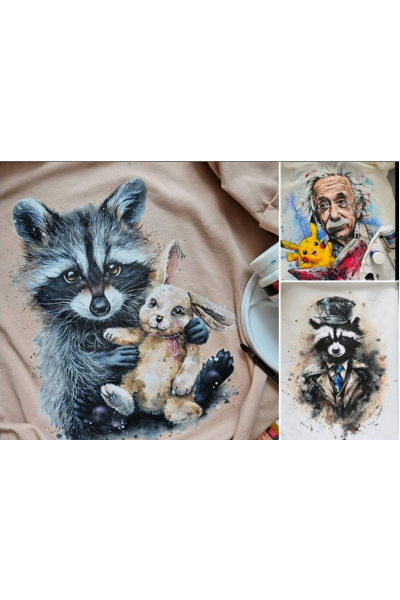 Роспись по ткани. Енотик с игрушкой, енот, Энштейн. Даша Лисенкова