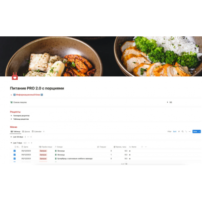 Питание PRO 2.0 с порциями и блюдами из продуктов в наличии. Автоматический список продуктов. Шаблон. NotionFan